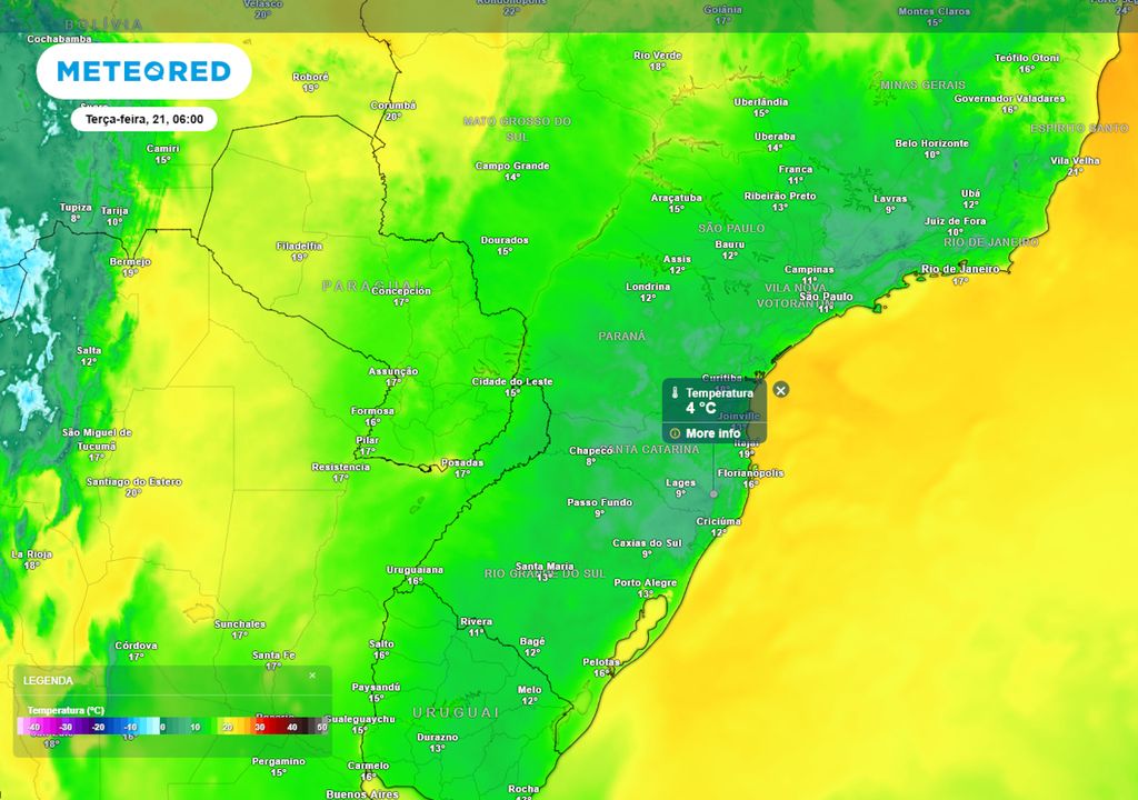 Previsão de temperaturas mínimas na terça-feira.