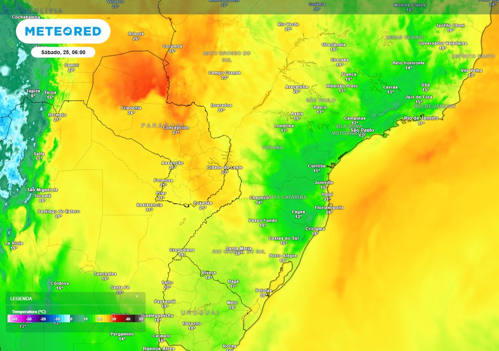 Previsão de temperaturas mínimas no sábado durante o início da manhã.