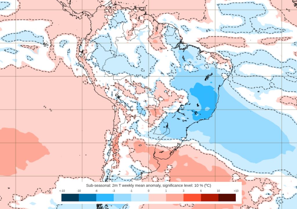 Previsão de anomalias de temperatura entre os dias 20 e 27 de Outubro.