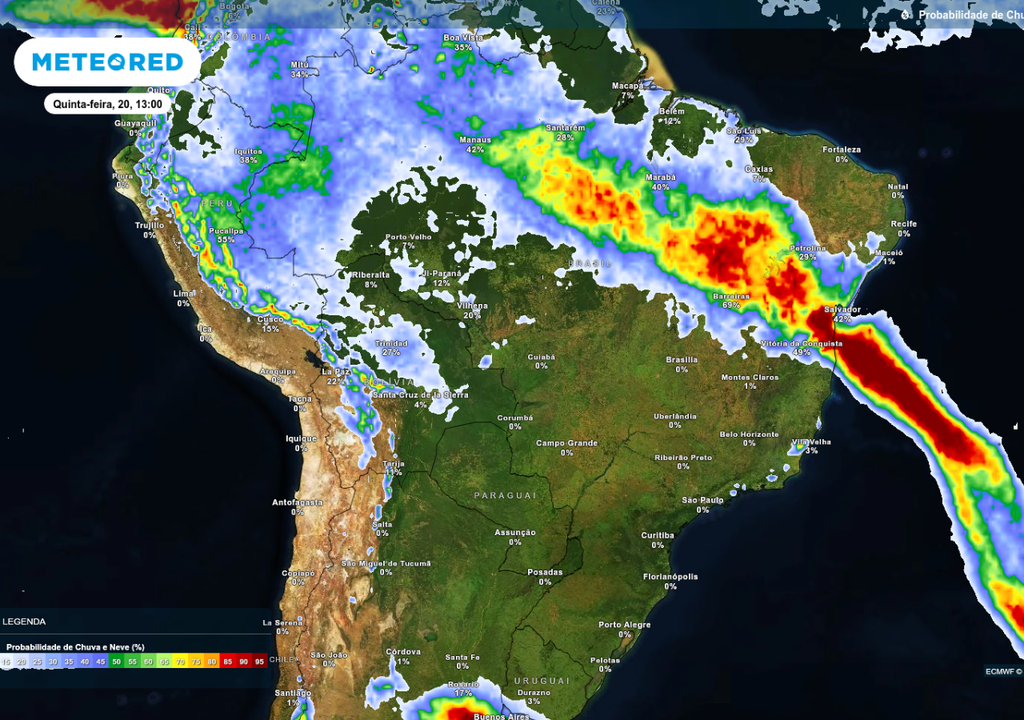 Previsão de probabilidade de chuva nesta quinta-feira (20) de acordo com o ECMWF, ilustrando a chegada da frente fria no Nordeste. Previsão de probabilidade de chuva nesta quinta-feira (20) de acordo com o ECMWF, ilustrando a chegada da frente fria no Nordeste.