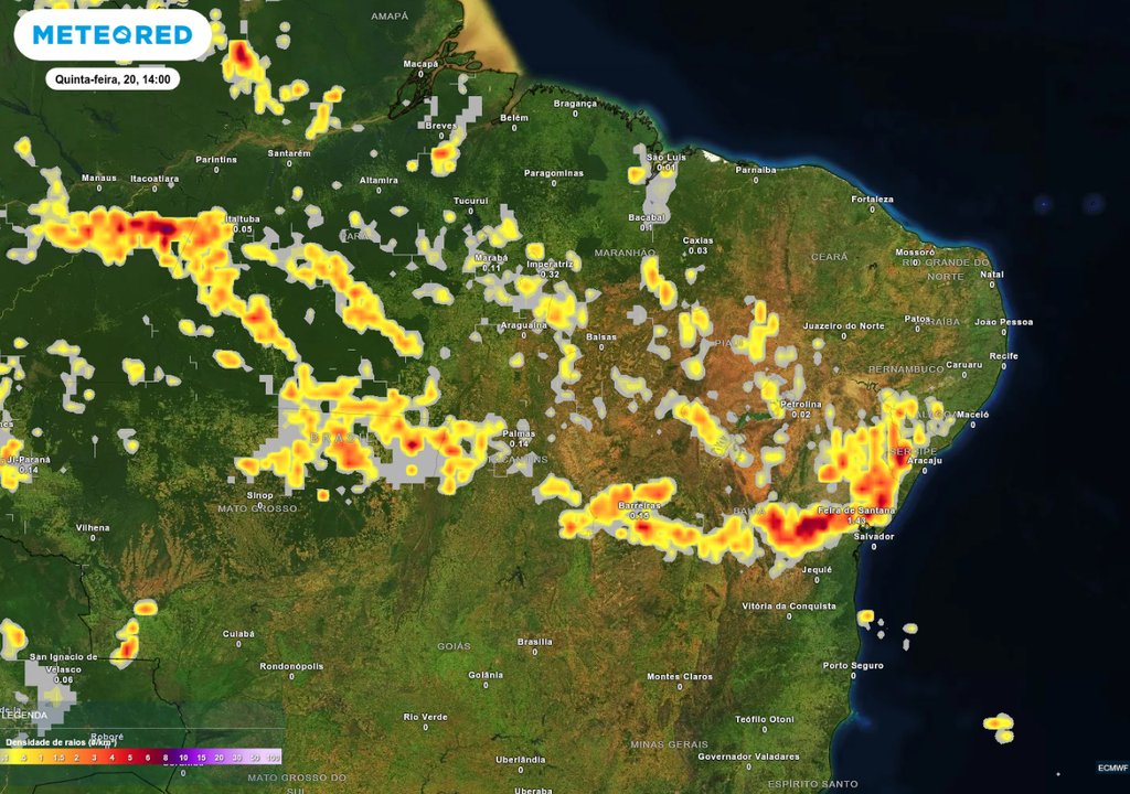 Previsão de tempestades nesta quinta-feira (20), de acordo com o ECMWF. Previsão de tempestades nesta quinta-feira (20), de acordo com o ECMWF.