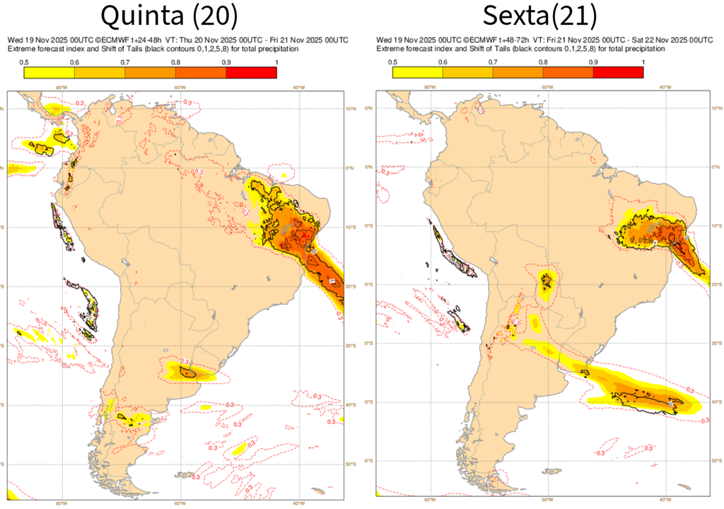 EFI do ECMWF para precipitação na quinta (20) e sexta-feira (21). Créditos: Adaptado de ECMWF. EFI do ECMWF para precipitação na quinta (20) e sexta-feira (21). Créditos: Adaptado de ECMWF.