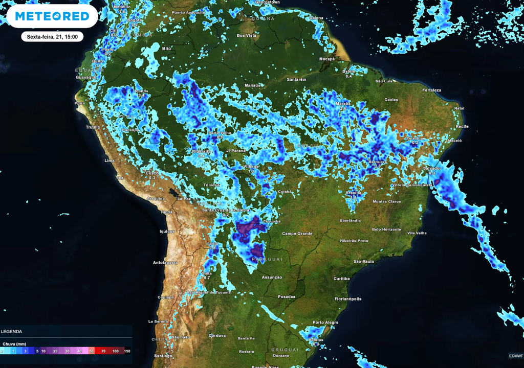 Previsão de chuva nesta sexta-feira (21), de acordo com o ECMWF. Previsão de chuva nesta sexta-feira (21), de acordo com o ECMWF.