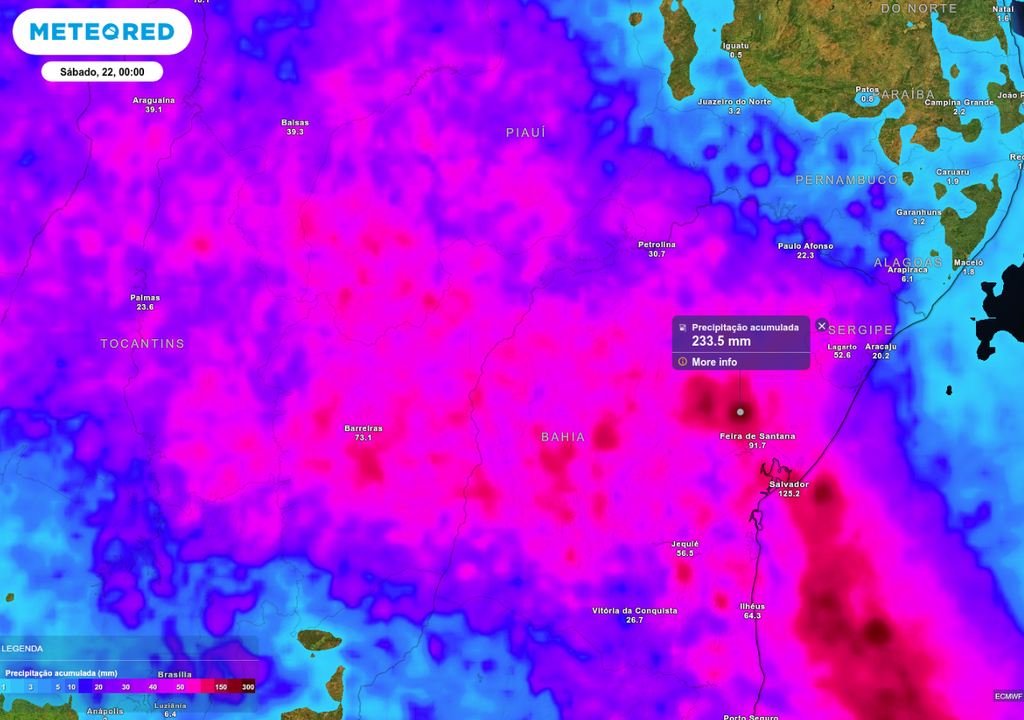 Previsão de chuva acumulada até o final da sexta-feira (21), de acordo com o ECMWF. Previsão de chuva acumulada até o final da sexta-feira (21), de acordo com o ECMWF.