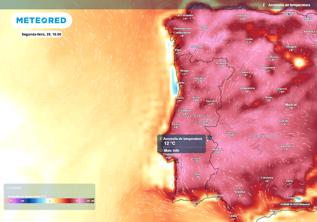 Na próxima segunda-feira (25), a última do mês de maio, prevê-se uma nova intensificação do calor. As anomalias térmicas positivas serão mais expressivas (até +12 ºC), o que revela temperaturas máximas ainda mais elevadas face à reta final da presente semana.