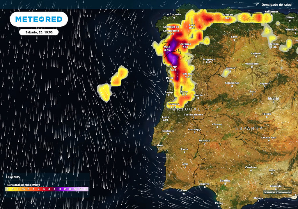 A última atualização do modelo europeu insiste na ocorrência de aguaceiros e trovoadas fortes na reta final da semana nas Regiões Norte e Centro, especialmente no sábado (23), devido à aproximação de uma gota fria.