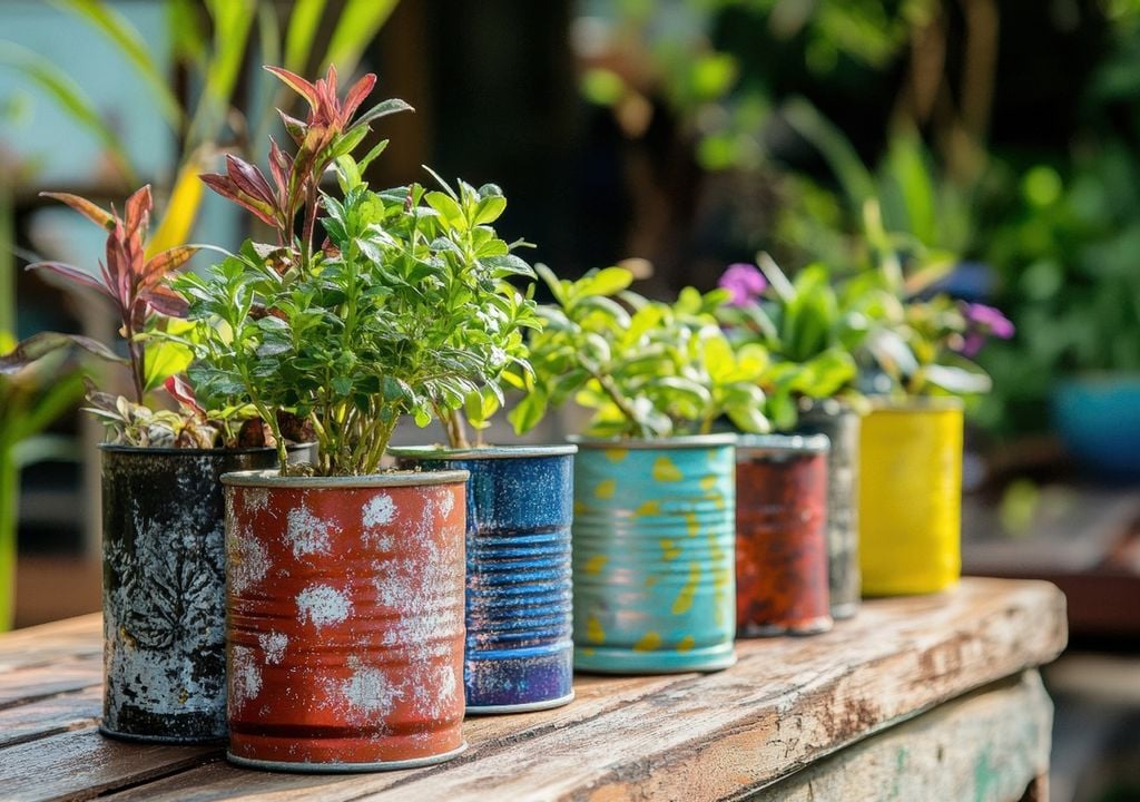 Latas velhas usadas como para plantas Latas velhas usadas como para plantas