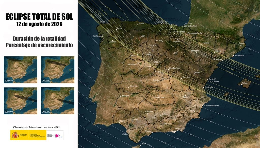 Infografía sobre la duración y la extensión del eclipse total de sol del próximo 12 de agosto de 2026. Imagen: Observatorio Astronómico Nacional.