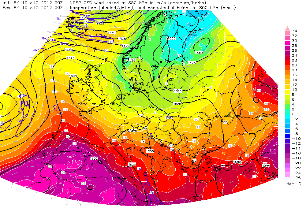 Comparativa De Temperaturas: 12 De Agosto De 2003 Vs 10 De Agosto De 2012 Anexo - RAMTemperatura a 850 hPa de los días 12 de agosto de 2003, arriba, y 10 de agosto de 2012, abajo, de las 00 UTC.Fuente: Reanalisis del NCEP, wetterzentrale.com y ESTOFEX.Nota. Las proyecciones de ambos mapas son diferentes. Pulse para ampliar.
