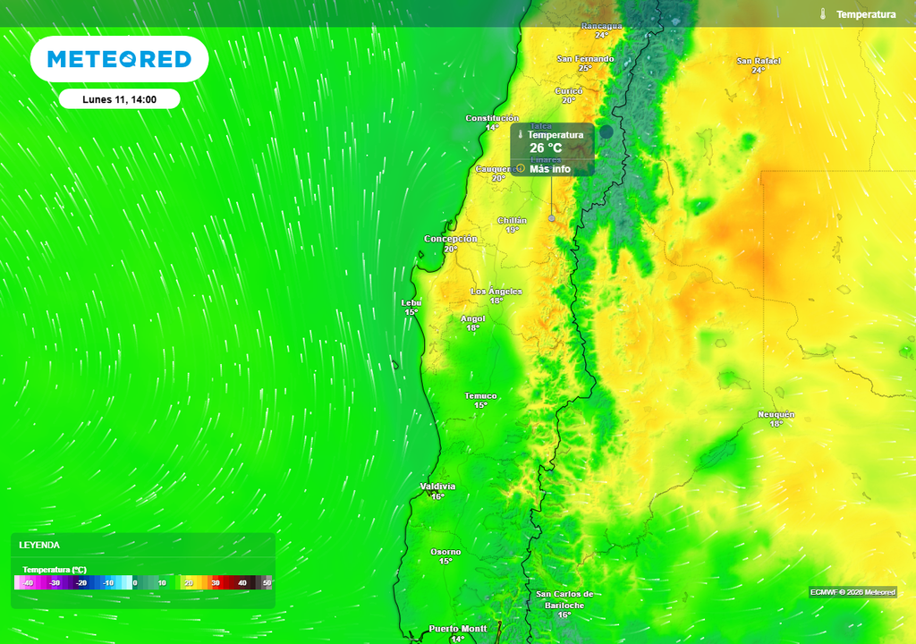 Temperatura máxima (°C) para el lunes (11) en Chile centro-sur.