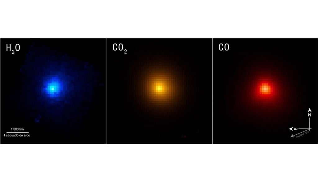 Firmas químicas y moleculares del cometa 3I/ATLAS, cada una resalta una parte del contenido del cometa. Crédito: NASA.