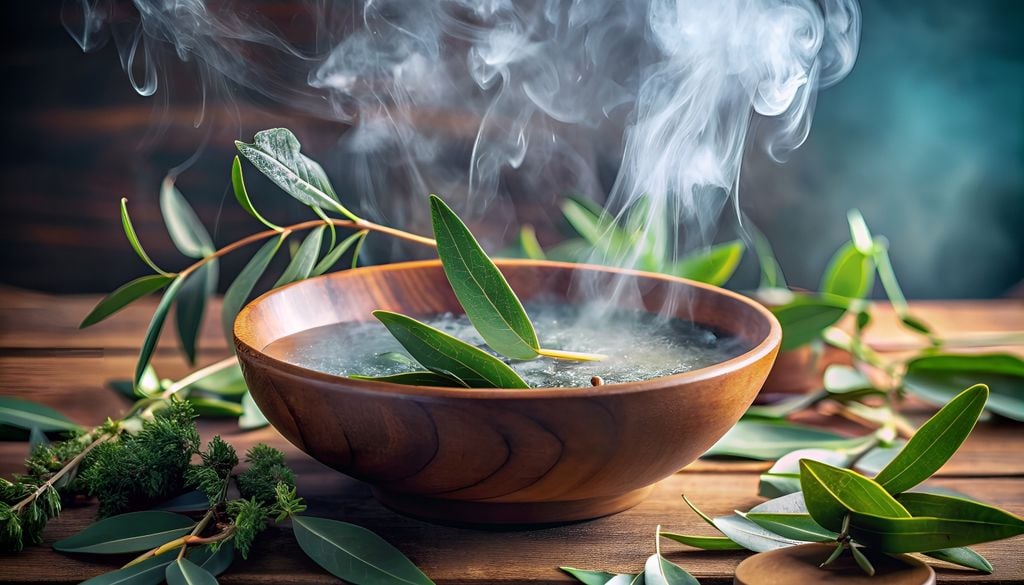 plantas Ramas de eucalipto en agua caliente, un recurso ideal para lograr un efecto aromatizante inmediato y despejar los ambientes.