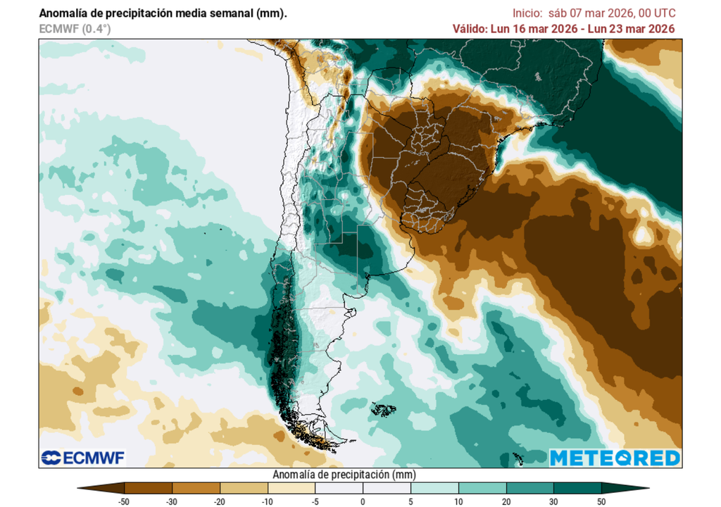 Anomalía semanal de precipitación (mm) del 16 al 23 de marzo 2026. Sobre los valores climatológicos normales (tonos verde), bajo los valores climatológicos normales (tonos marrón) y en torno a los valores climatológicos normales (color blanco).