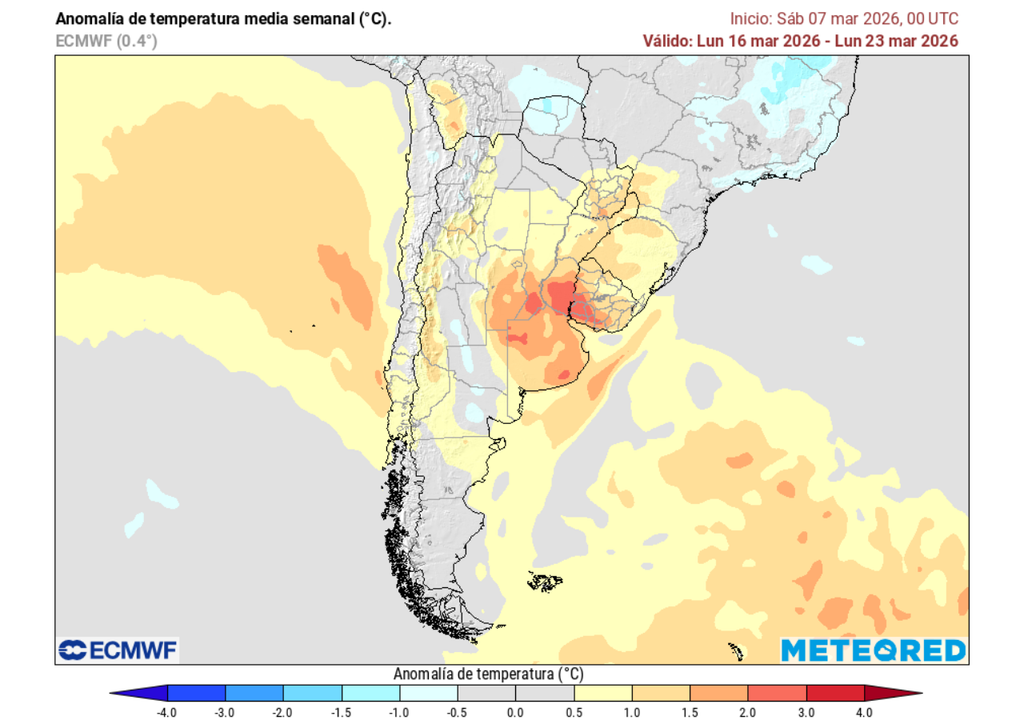 Anomalía semanal de temperatura del aire (°C) del 16 al 23 de marzo 2026. Sobre los valores climatológicos normales (tonos anaranjados), bajo los valores climatológicos normales (tonos azul) y en torno a los valores climatológicos normales (color gris).