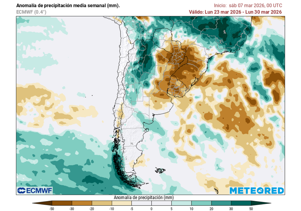 Anomalía semanal de precipitación (mm) del 23 al 30 de marzo 2026. Sobre los valores climatológicos normales (tonos verde), bajo los valores climatológicos normales (tonos marrón) y en torno a los valores climatológicos normales (color blanco).