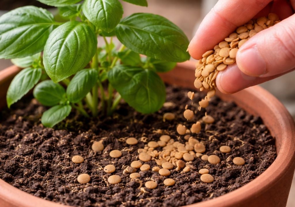 Maceta con lentejas integradas al suelo: un recurso económico y accesible para acompañar el crecimiento de las plantas sin recurrir a fertilizantes químicos.