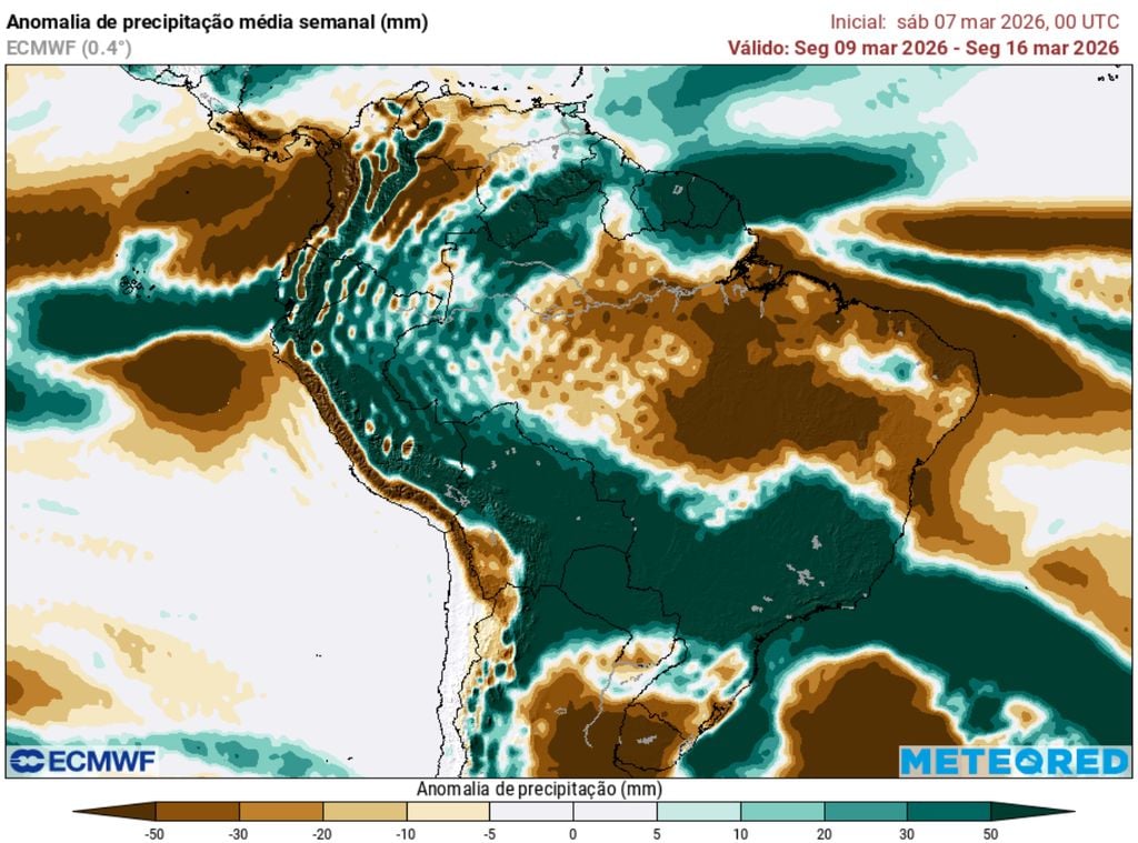 Anomalia de precipitação para o período do dia 9 ao dia 16 de março.