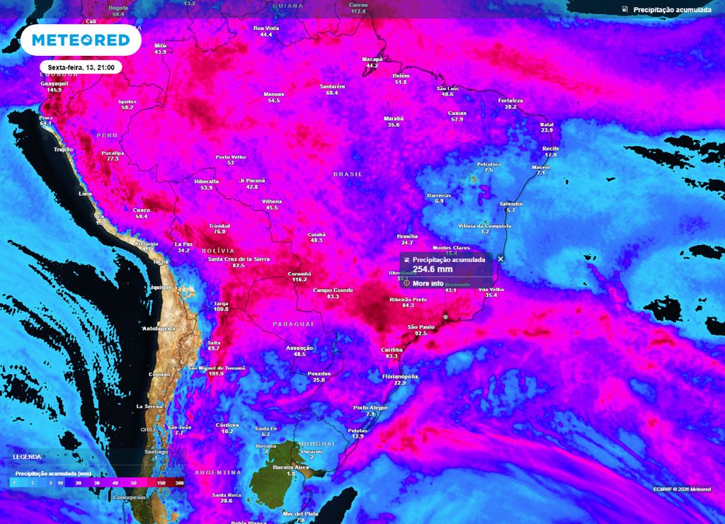 Acumulado de precipitação para a semana, com chuvas volumosas e acumulados que podem exceder os 200 mm entre as regiões Sul, Sudeste e Centro-Oeste.