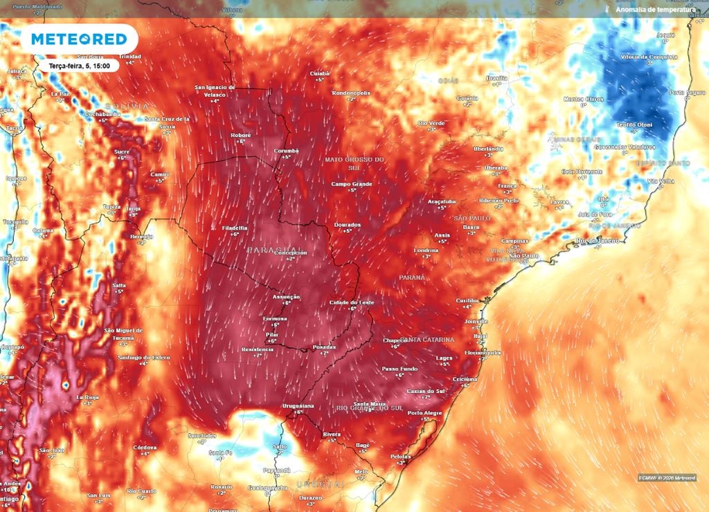 Anomalia de temperatura e direção dos ventos para a tarde da terça-feira, 3 de maio.