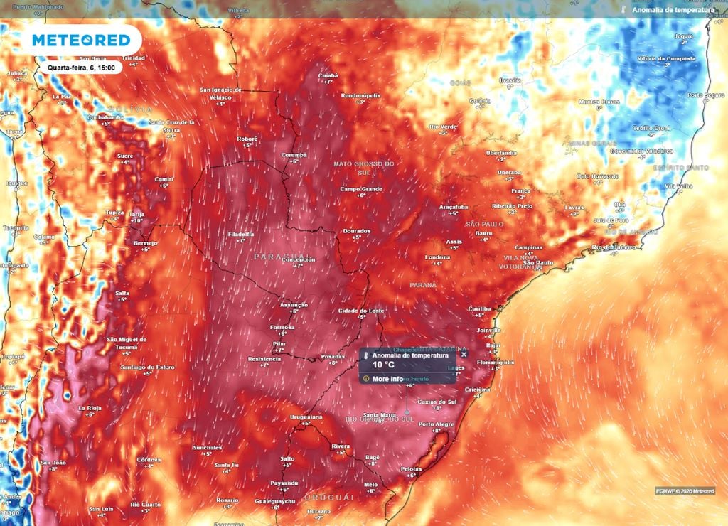 Anomalia de temperatura e direção dos ventos para a tarde da quarta-feira, 4 de maio.