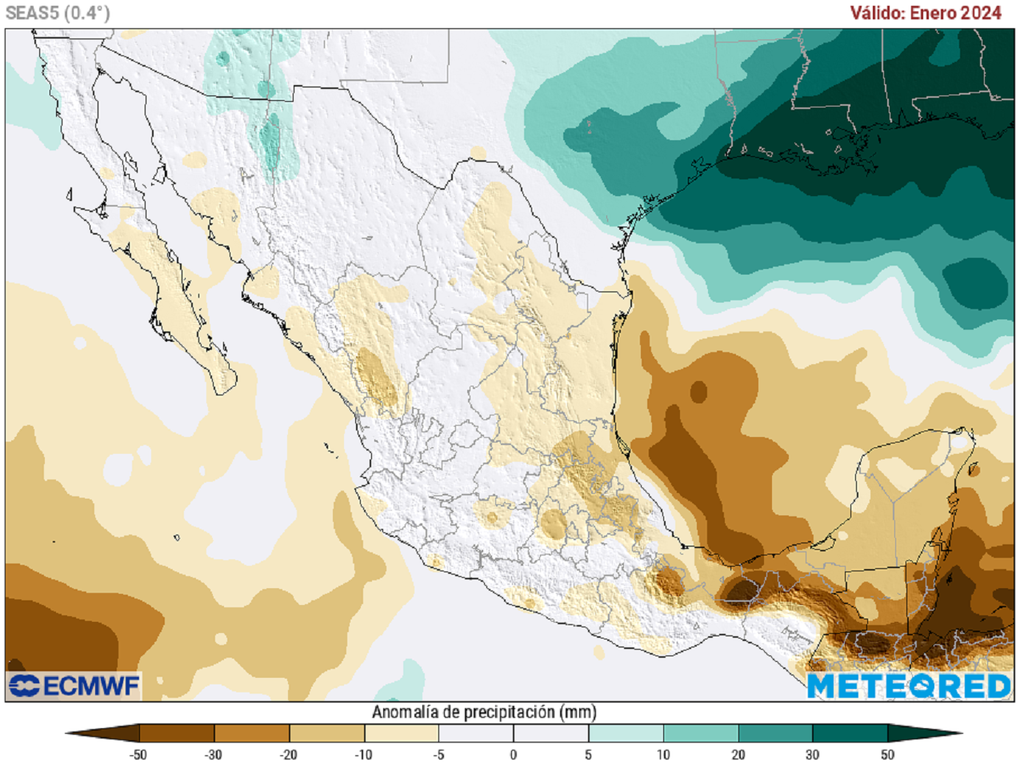 Modelo ECMWF: anomalía de precipitaciones en milímetros