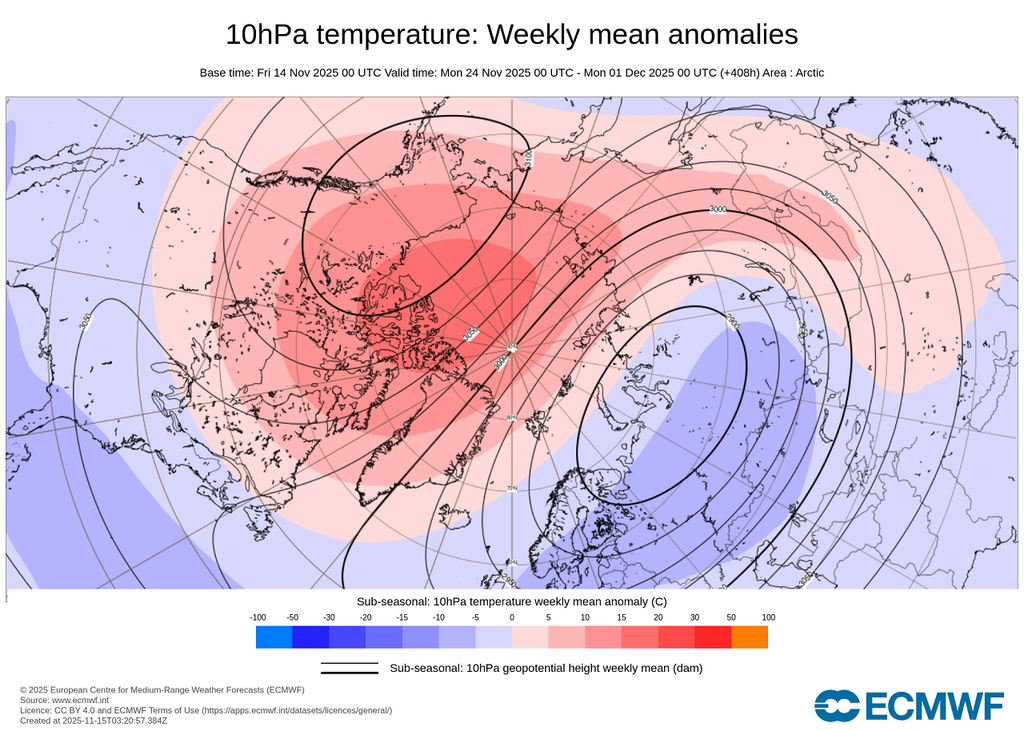 Anomalía de temperaturas del Vórtice Polar Estratosférico