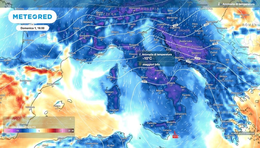 Domenica decisamente fredda rispetto agli ultimi giorni, specie al nord con massime ferme a 12-13°C; l'anomalia maggiore si noterà in collina e montagna.