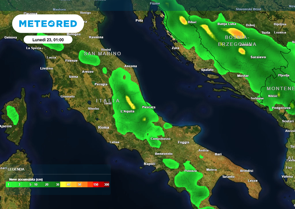 Cumuli di neve previsti per i prossimi giorni sull'Appennino Centrale. Nonostante la grafica, accumuli sulle pianure e lungo le coste, saranno piuttosto difficili dal verificarsi.