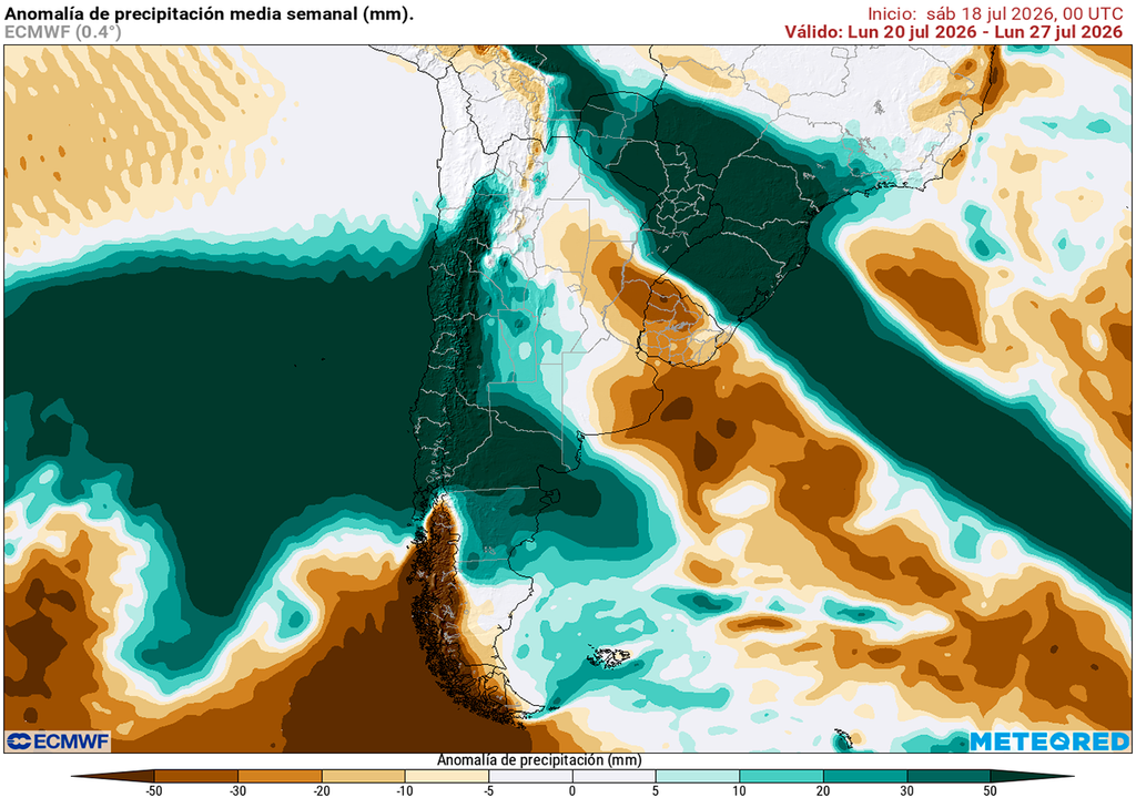 Pronóstico, Clima, Tiempo, Argentina, ECMWF Anomalía de precipitaciones prevista para los próximos 7 días según el modelo ECMWF