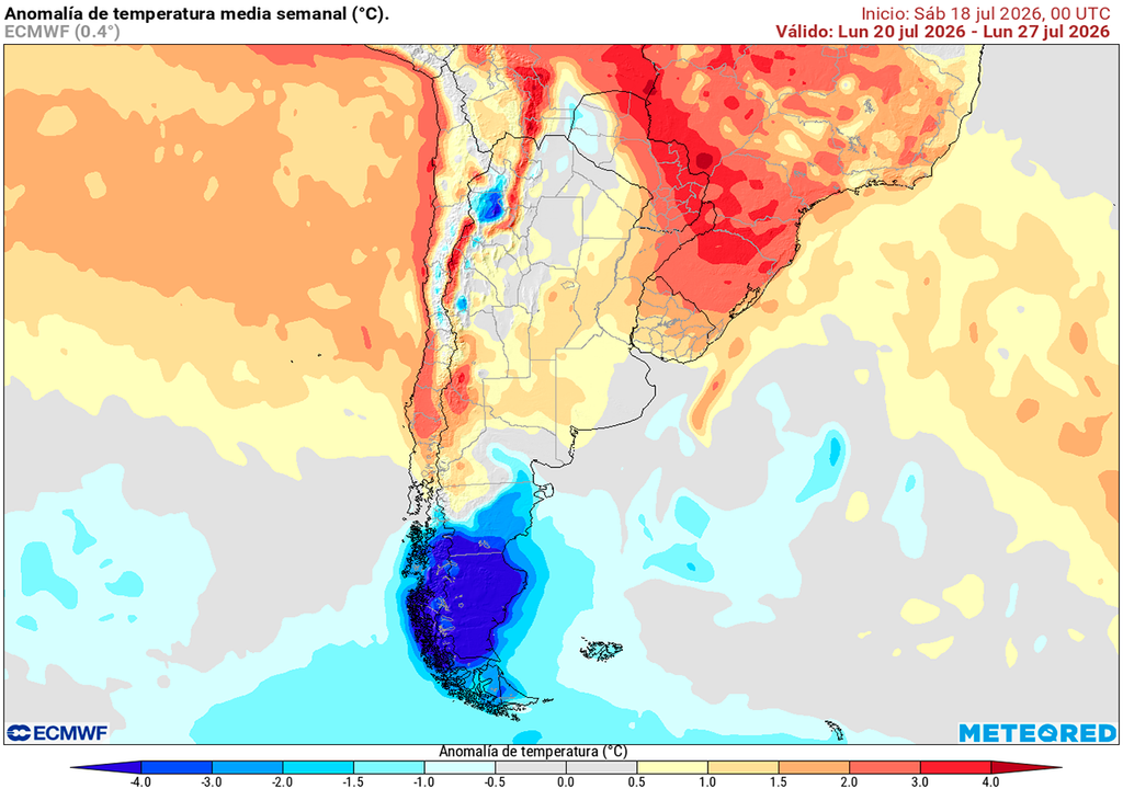 Pronóstico, Clima, Tiempo, Argentina, ECMWF Anomalía de precipitaciones prevista para los próximos 7 días según el modelo ECMWF