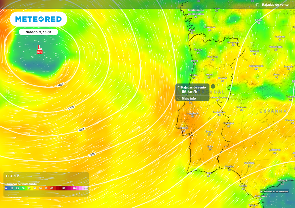 Rajadas máximas de 65 km/h no Sul e Centro de Portugal continental, podendo pontualmente superar este valor.