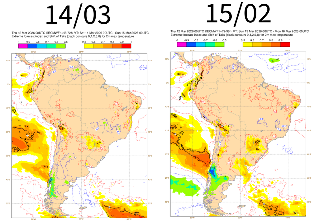 EFI para temperatura máxima sábado (14) e domingo (15). Créditos: Adaptado de ECMWF.