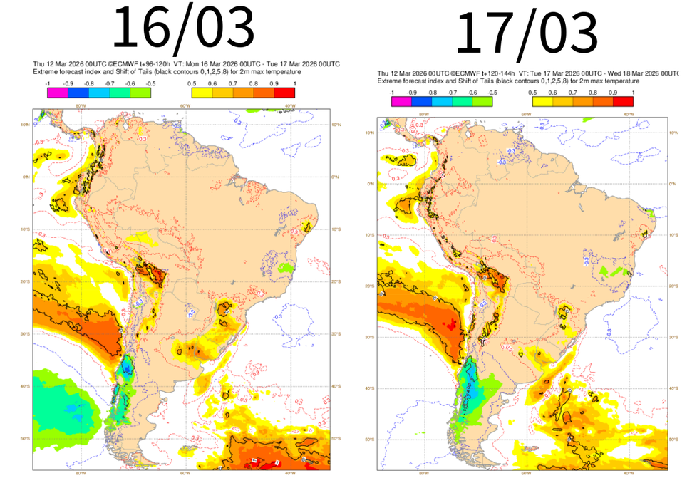 EFI para temperatura máxima segunda (16) e terça-feira (17). Créditos: Adaptado de ECMWF.