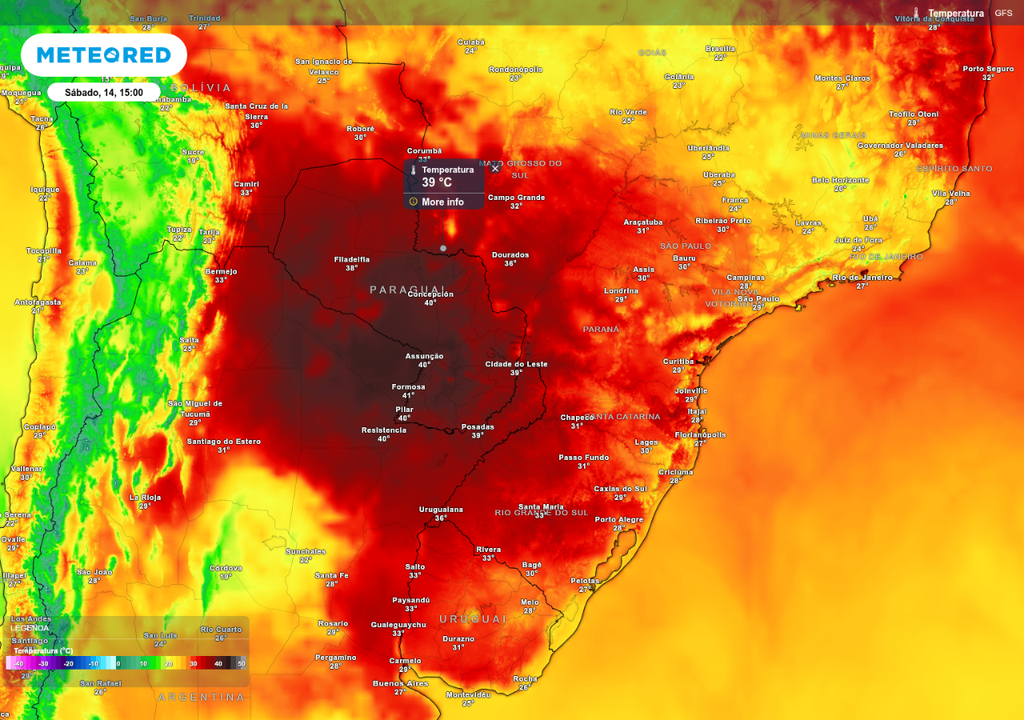 Previsão de temperatura máxima neste sábado (14), de acordo com o GFS.