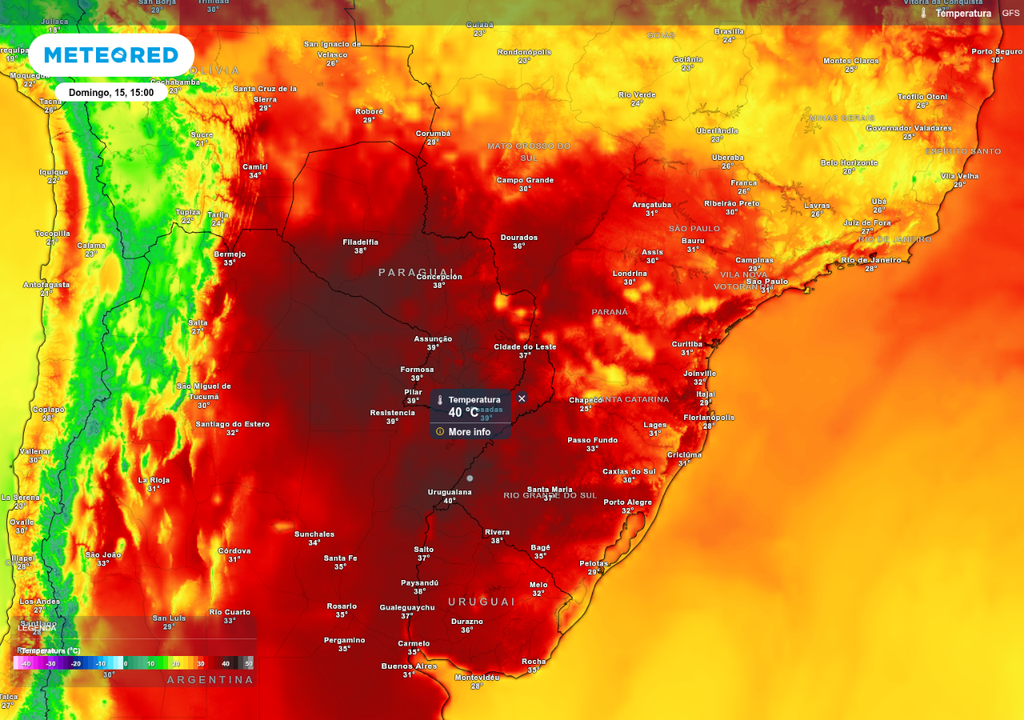 Previsão de temperatura máxima neste domingo (15), de acordo com o GFS.