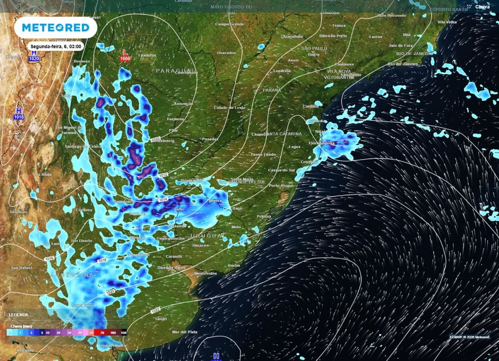 Previsão de chuvas, pressão e direção do vento para a madrugada da segunda-feira, 6 de abril.