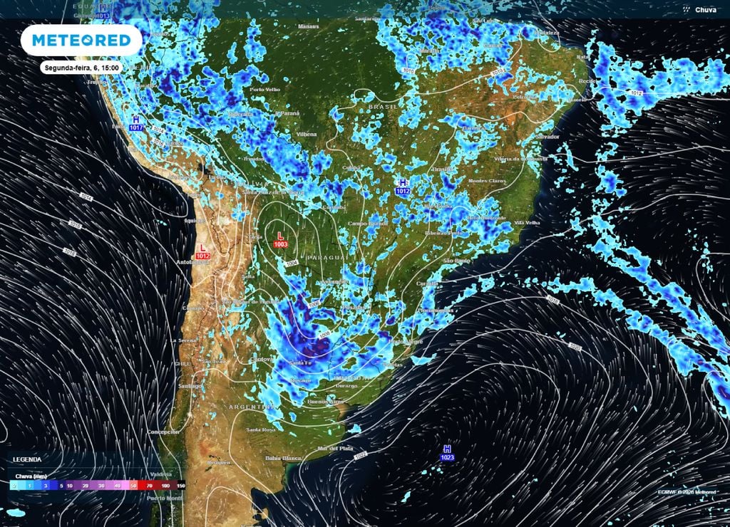 Previsão de chuvas, pressão e direção do vento para a tarde da segunda-feira, 6 de abril.
