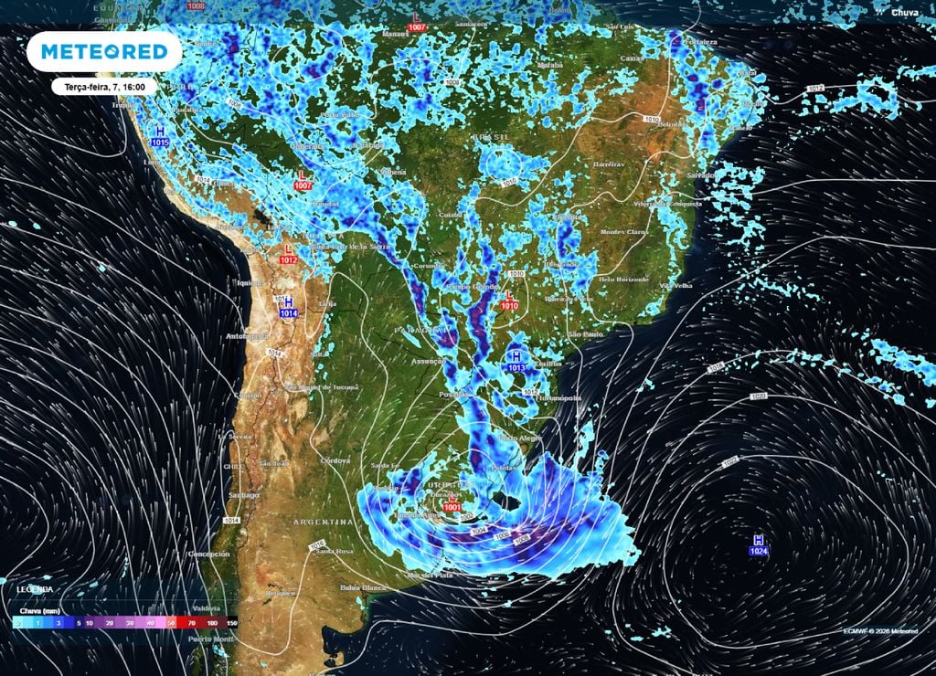 Previsão de chuvas, pressão e direção do vento para a tarde da terça-feira, 7 de abril.
