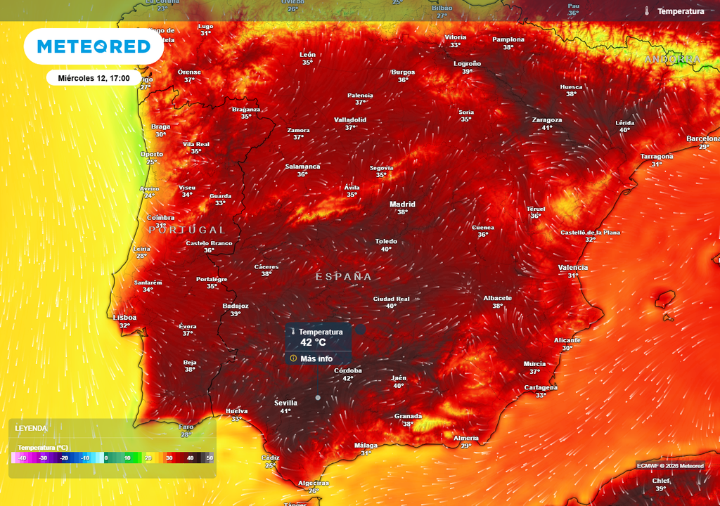 Temperatura prevista para la tarde del miércoles 12 de agosto. Los valores superiores a 40 ºC volverán a concentrarse en el valle del Guadalquivir, el valle del Ebro y zonas del centro peninsular.