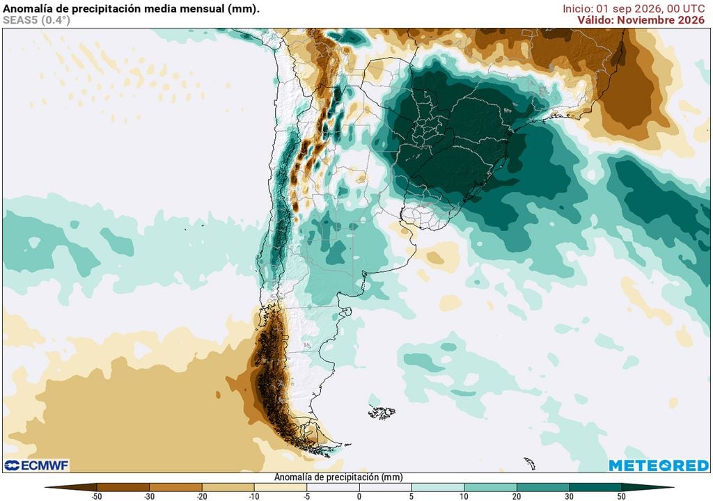 Noviembre 2026 Mapa de anomalías de precipitación media mensual prevista para noviembre de 2026