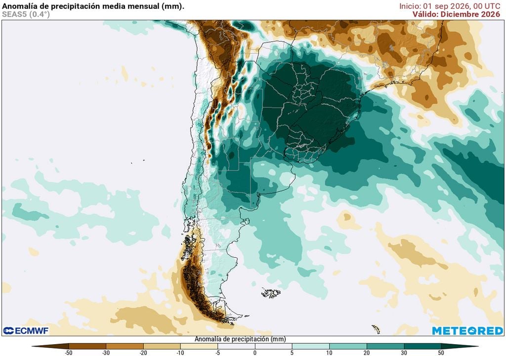 Diciembre 2026 Anomalías de precipitación media mensual en diciembre, previstas por nuestro modelo de referencia, ECMWF