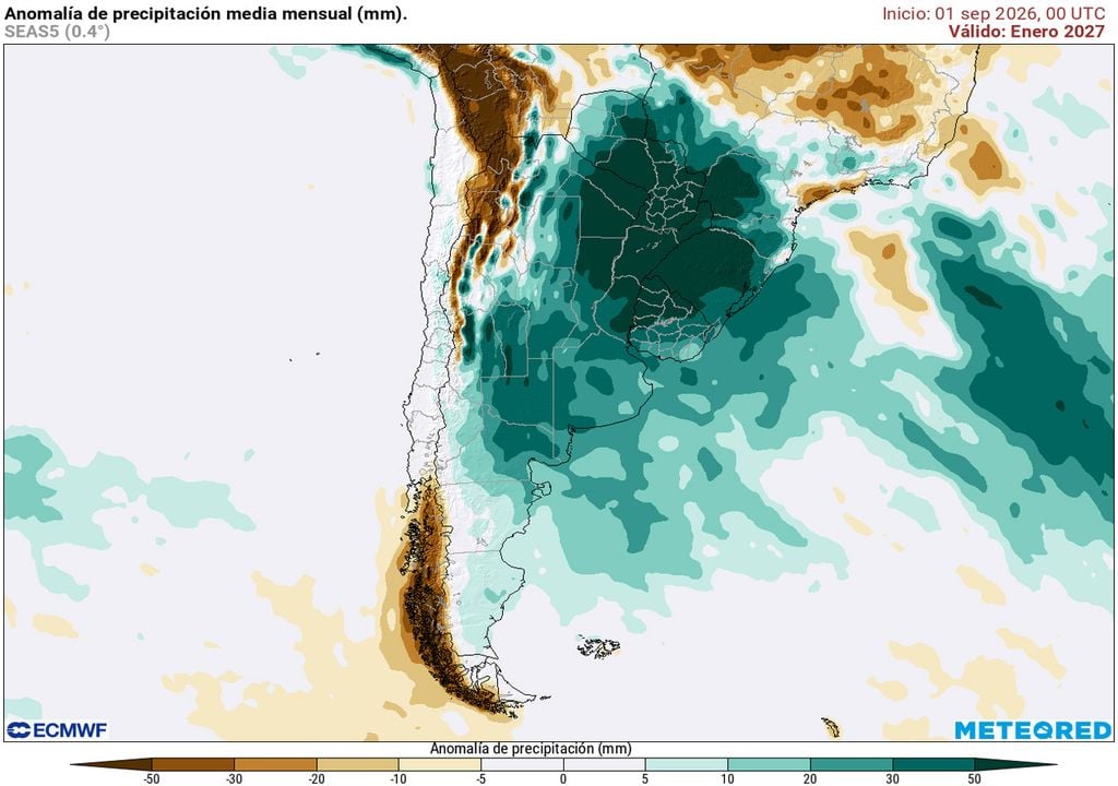 Enero 2027 Anomalía de precipitación media mensual (mm) en enero de 2027.