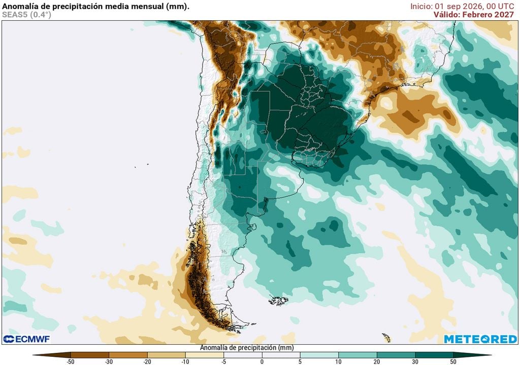 febrero 2027 Anomalías de precipitación media mensual para febrero, previstas por nuestro modelo de referencia, ECMWF