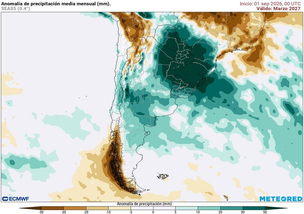 Marzo 2027 Mapa de anomalías de precipitación media mensual prevista para marzo de 2027.