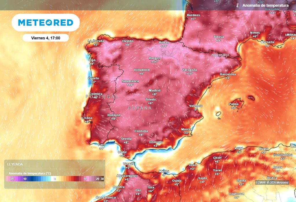 Las temperaturas del viernes serán muy anómalas para la época, situándose hasta 10-12 ºC por encima de la media de la época en amplias zonas de la Península.