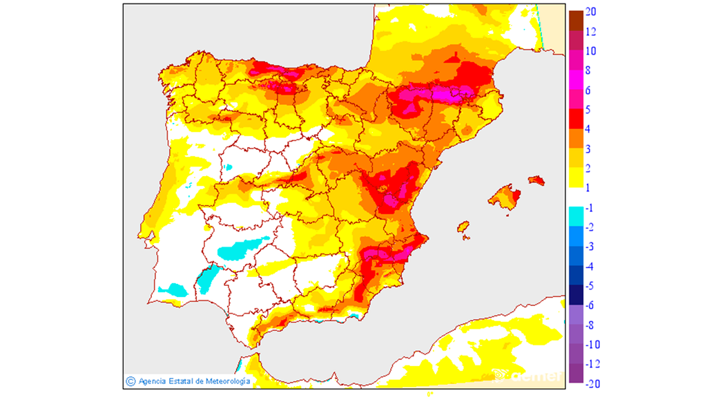 Las temperaturas máximas subirán notablemente el domingo en la mitad este y norte peninsular, así como en Baleares. Fuente: AEMET