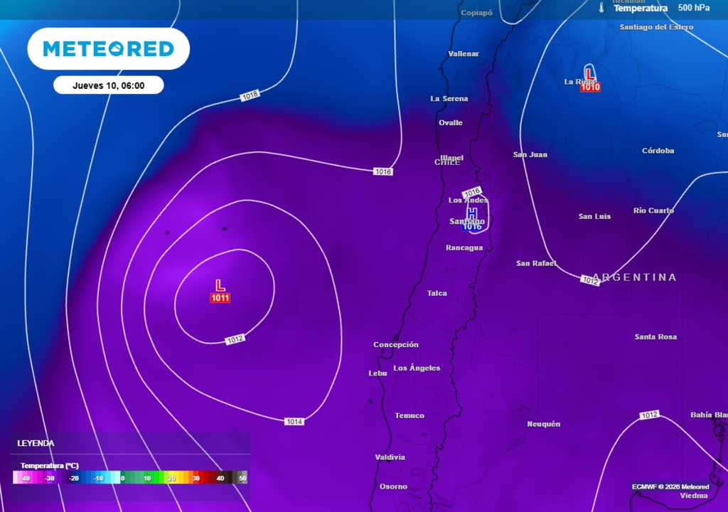 mapa de temperatura en 500 hPa e isobaras Una vaguada en altura dejará inestabilidad en la zona central desde el miércoles, aunque afectará mayormente a partir del jueves, reforzada por una baja en superficie.
