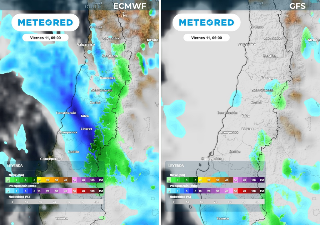 mapas de precipitación - ECMWF vs. GFS Este viernes avanzaría la precipitación asociada al evento previsto: los modelos ECMWF y GFS no coinciden en distribución ni cantidad estimada para la fecha.