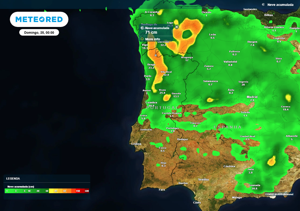 Os mapas perspetivam um grande nevão para a reta final desta semana em Portugal continental, tanto em extensão, como em intensidade, sobretudo nas serras e montanhas mais altas do Norte e do Centro. Porém, estas previsões devem ser encaradas com muita cautela, uma vez que os modelos ainda farão ajustes que poderão "cortar" na neve prevista.
