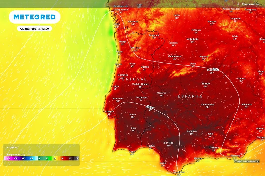 Pelas 13:00, Évora e Beja poderão já atingir os 38 ºC, enquanto grande parte do interior registará temperaturas superiores a 35 ºC.